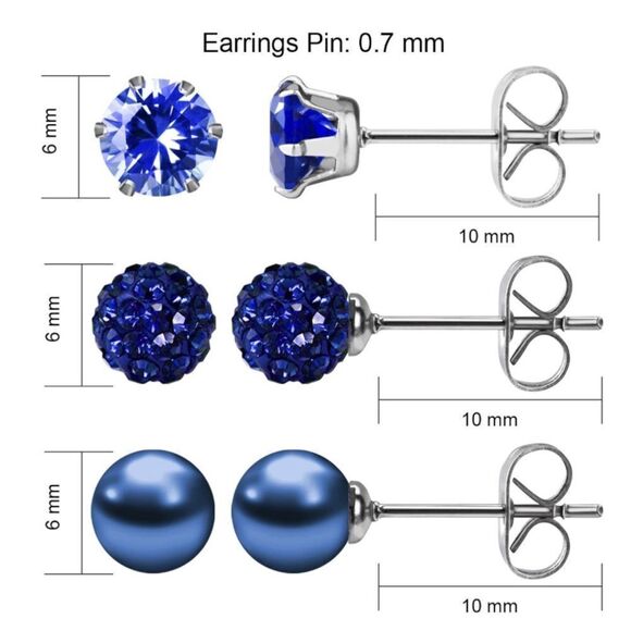 Blue Sapphire Cubic Zirconia and Pearl 316L Post Back Stud 3 Pair Earrings Set - Picture 4 of 5